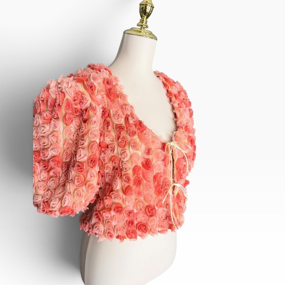 Born Supply XL Pink 3D Rosette Crop Top Tie Front Floral Coquette Blouse cropped - Picture 2 of 14
